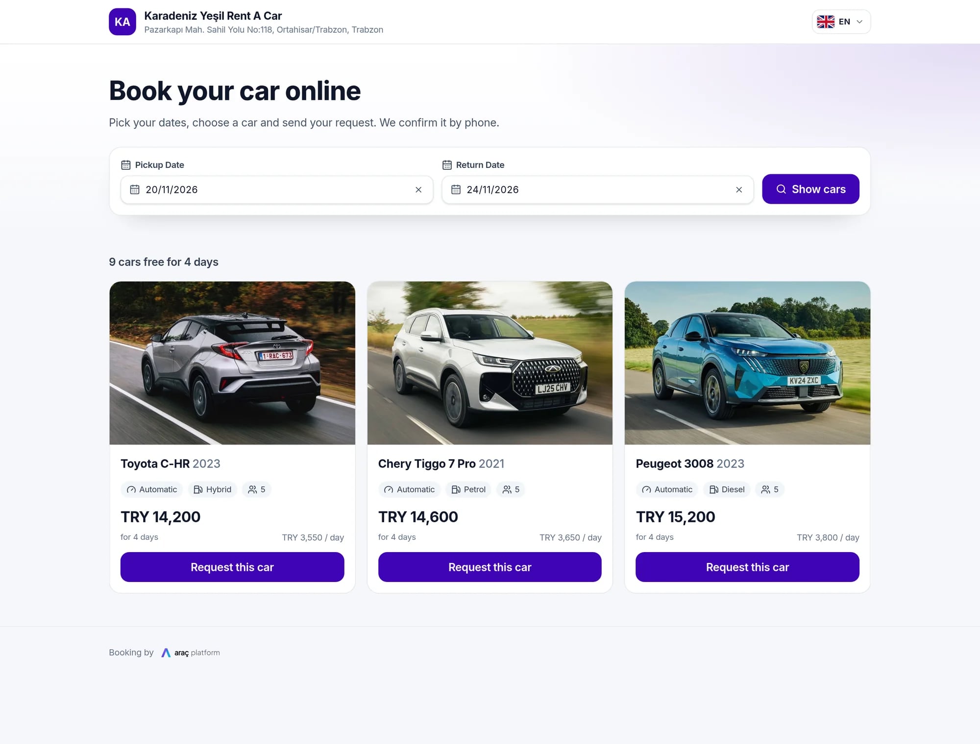 A company's public booking page in Araç Platform