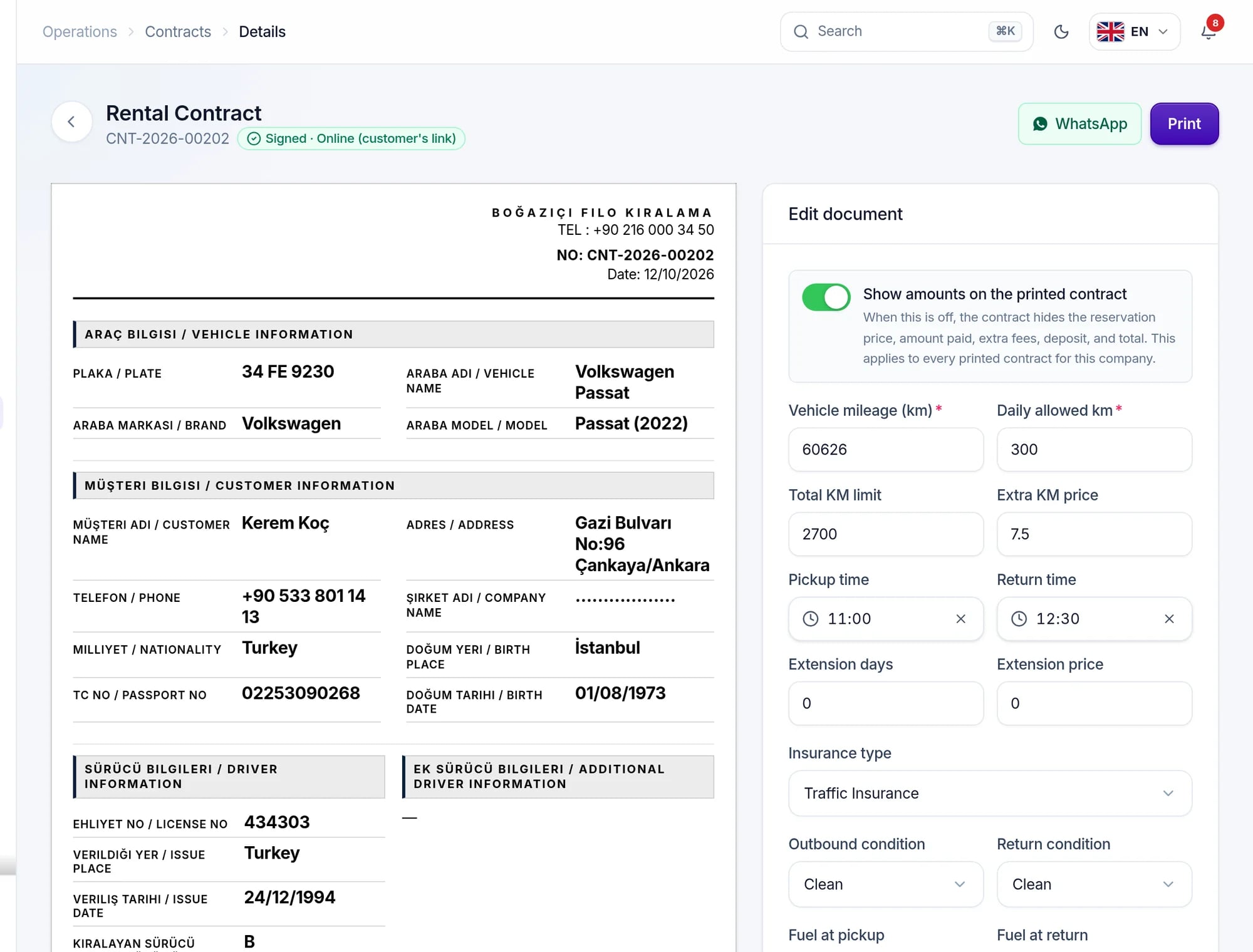 A rental contract signed online by the customer
